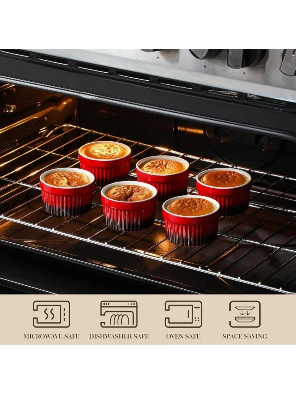 Set of 6 Oven Safe Ceramic Ramekins - Red Soufflé Dishes for Baking, Dipping